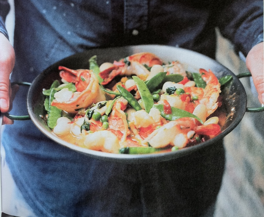 PanCooked Giant shrimp with snow peas, peas, and lima beans KDHamptons