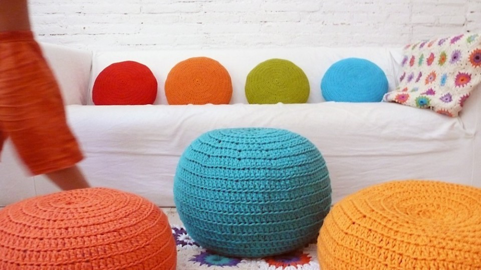 Small crochet pouf by lacasadecoto, available on Etsy.com; approx 53